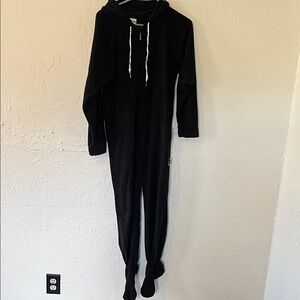 Black Hooded One-Piece Pajama Romper - Cozy Footed Sleepwear